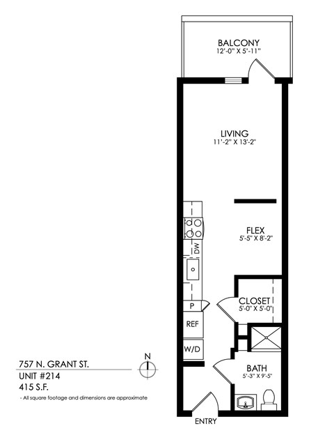 Floor plan for studio, 1 bath, 475 sqft